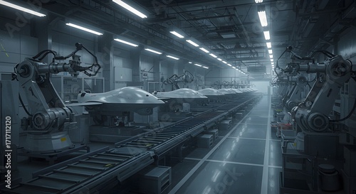 Drone Manufacturing: robotic arms assembling unmanned aerial vehicles on a production line in a factory setting, under bright fluorescent lighting, with shallow depth of