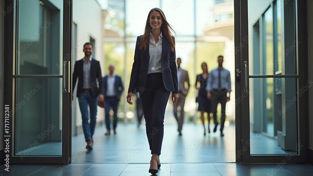 Fototapeta premium Professional Photograph of Young Professional's Confident First Day in Corporate Atrium with Supportive Colleagues - Stock Photo Concept with Empty Space