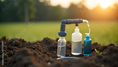 High resolution image of ground water quality sampling using monitoring well sample pump and sterile bottles in rural field site in  Photo Stock  Concept  and empty space on the left side