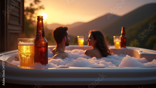 Couple relaxing in bubbling hot tub surrounded by frosty beer bottles on wooden ledge under evening sky highlighting indulgent beer in hot tub retreat in  Photo Stock  Concept  and empty space on the 