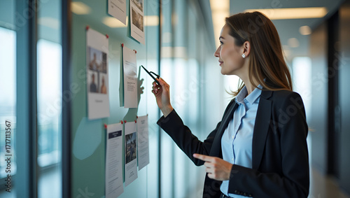 High?contrast image of a motivated employee reviewing opportunity notices pinned to a company bulletin board in bright hallway reflecting employee opportunity and initiative in  Photo Stock  Concept  