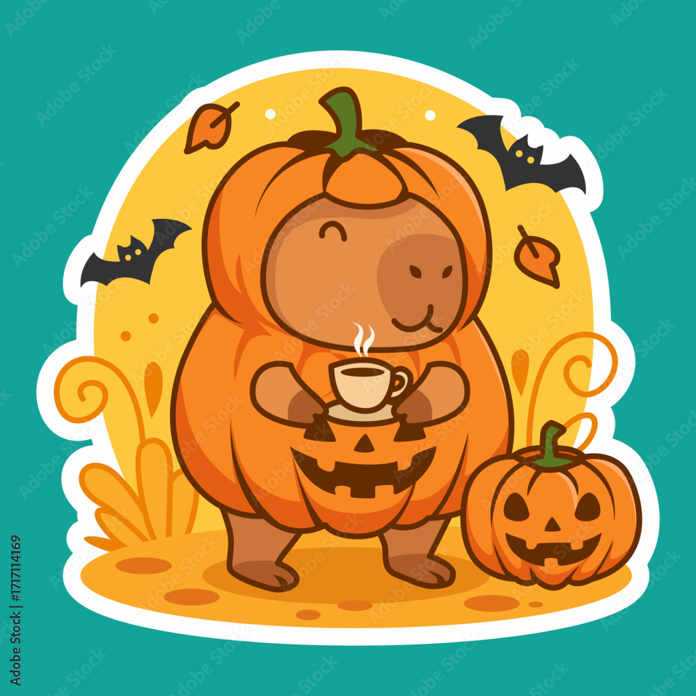 Fototapeta premium Cute Halloween Capybaras Spooky Ghost Witch Pumpkin and Candy Cane