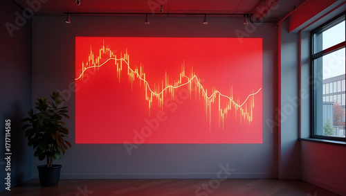 Graphical Visualization of Red Stock Chart on Office Wall: Analyzing Persistent Downtrend with Trendlines and Volume Spikes - Stock Photo Concept
