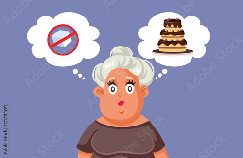 Obese Woman Considers Giving Up Sugar Vector Character. Person feeling guilty about sugar addiction starting a new lifestyle sugar free 