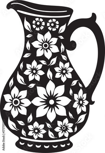 Black and white floral patterned pitcher silhouette