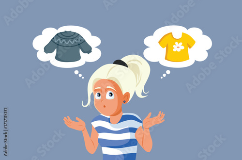 Teen Girl Deciding What to Wear Vector Cartoon Character. adolescent not knowing what to wear during changing weather  
