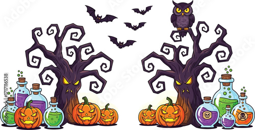 Spooky halloween scene with pumpkins trees bats owl and potions