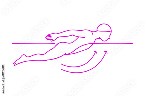 Minimalist black and white line art illustration of a swimmer practicing butterfly body wave, motion starting from chest and hips moving like a ripple