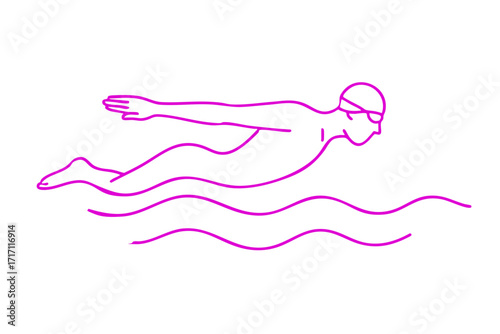 Minimalist black and white line art illustration of a swimmer practicing butterfly body wave, motion starting from chest and hips moving like a ripple