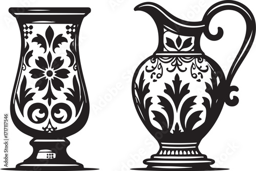 Black and white ornate vase and pitcher illustration