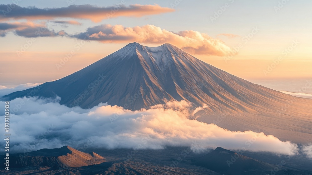 Fototapeta premium Majestic view of a snow-capped volcano at sunrise over a sea of clouds