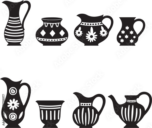 Black ceramic vases and pitchers with decorative patterns
