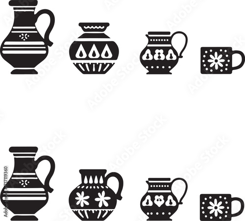 Black pottery jugs and cups with decorative patterns