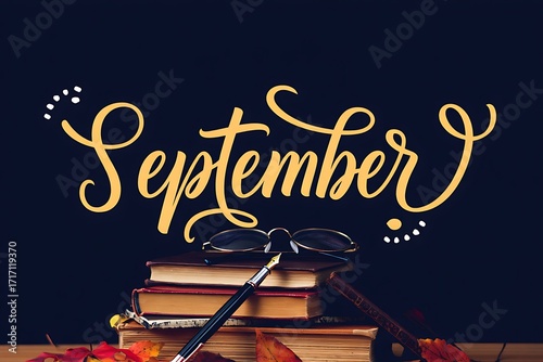 September handwritten text on stack of old books with autumn leaves and glasses