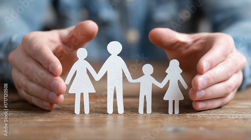 Hands protecting a family of paper cutouts
