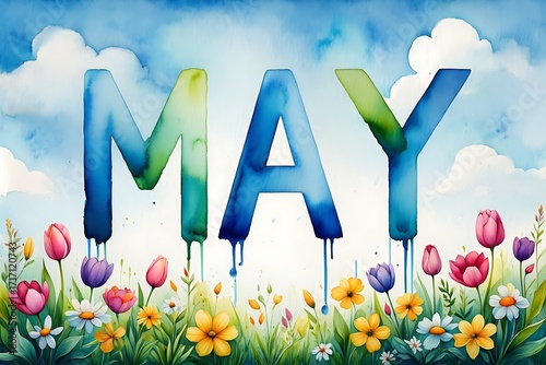 Springtime may flowers and blue sky watercolor art