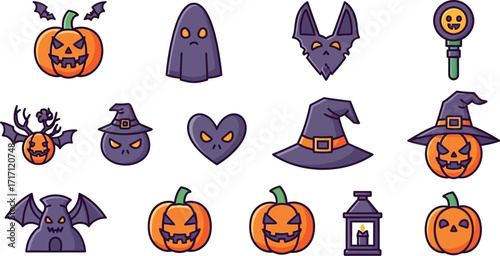 Spooky halloween icons featuring pumpkins bats ghosts and more