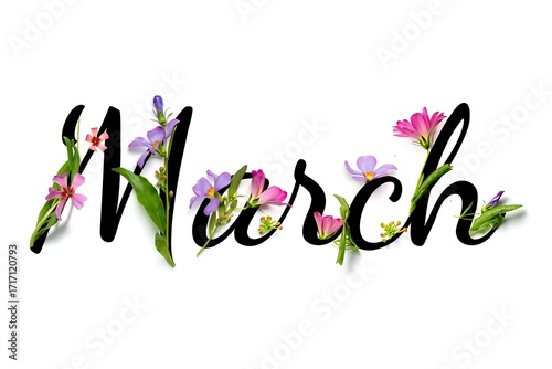 The word march written in elegant script adorned with delicate spring flowers
