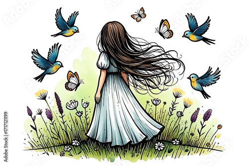 Young woman in a flowing dress surrounded by birds and butterflies in a meadow