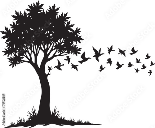Black silhouette of a tree with birds flying away black and white