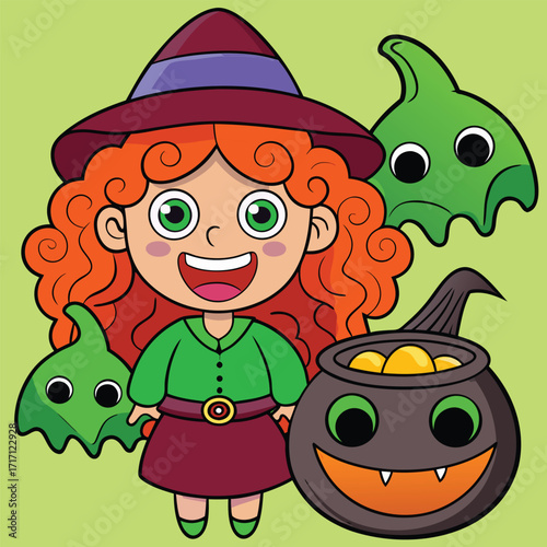 Smiling witch girl poses happily besides green ghosts and a cauldron on light background