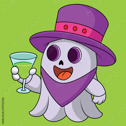 Smiling cartoon ghost wearing hat raises beverage glass against a vibrant green backdrop