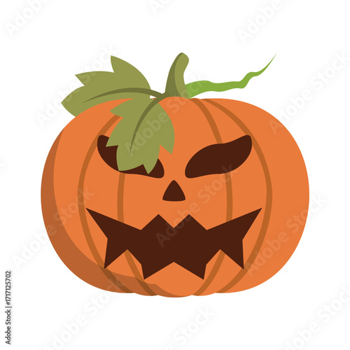 A stylized Halloween pumpkin with a menacing expression and green vine, set against a plain background