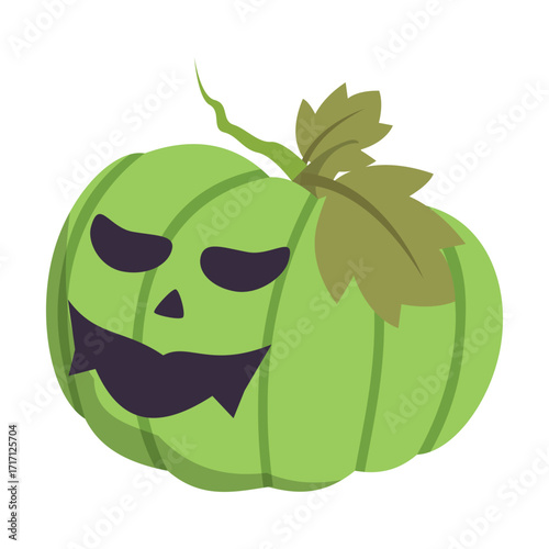 Green pumpkin with a mischievous expression surrounded by stylized leaves and vines