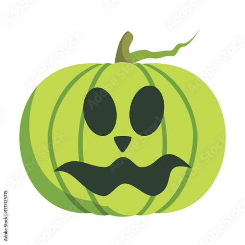 A whimsical green pumpkin with ghostly features, set against a plain backdrop, perfect for Halloween