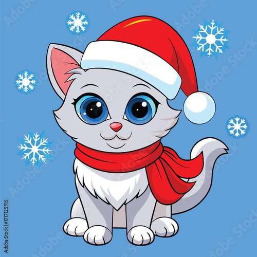 Cartoon kitten wearing santa hat and red scarf sits among snowflakes on blue