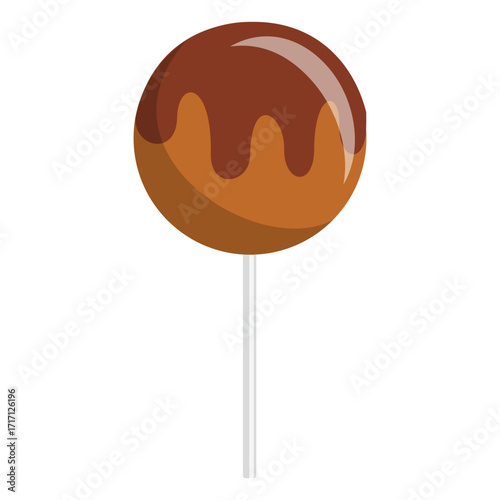Colorful lollipop with chocolate coating on a stick, set against a plain background