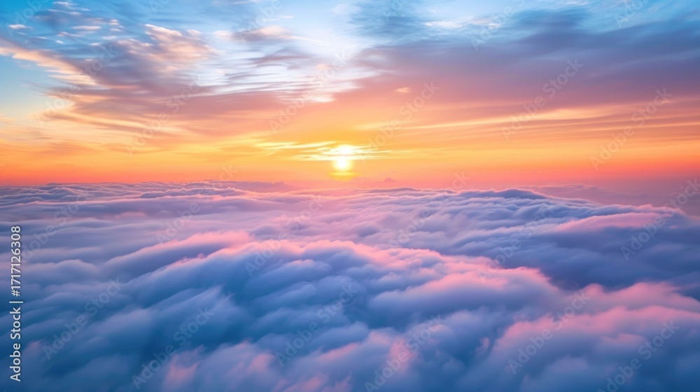 Obraz premium A vibrant sunset over a vast expanse of fluffy clouds, with a bird flying through the sky.