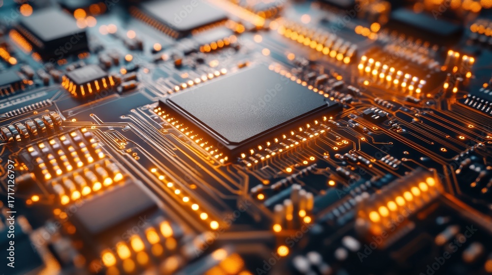 Obraz premium Close-up view of a modern microchip on a circuit board illuminated by glowing lights