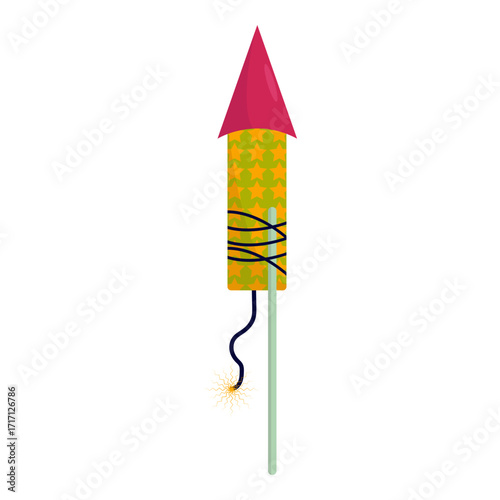 Colorful rocket firework with star patterns, ready for celebration against a plain background