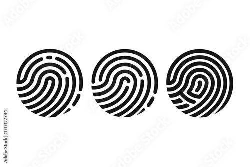Three Black and White Fingerprint Icons Representing Biometrics and Identification Technology on White Background