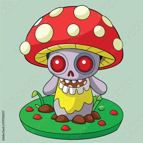 Cartoon zombie mushroom with red cap and an empty eye socket stands tall