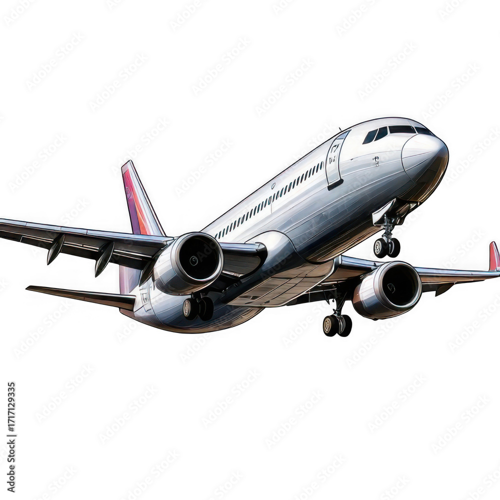Fototapeta premium aking off airplane isolated on a white or transparent background. Close-up of a white airplane, side view. Concept of vacation, traveling abroad. Graphic design element.