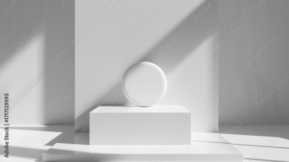 Fototapeta premium A white cube with a round white object on top, placed on a white surface with a shadowy background.