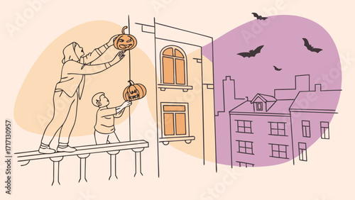 Parent and child decorating balcony with carved pumpkins for halloween with bats flying over city buildings