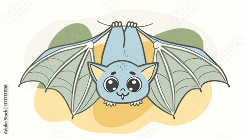 Adorable cartoon blue bat hanging upside down with large eyes and outstretched wings isolated on a light background with abstract shapes