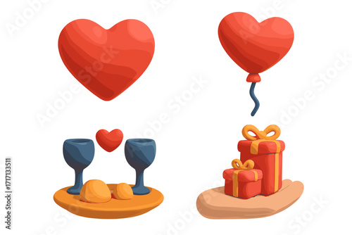 3D romantic icon set, cute plasticine style. Love heart, balloon, gift boxes in hand, and romantic dinner for two. Vector concept for Valentine's day, wedding, anniversary.