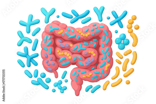 Gut microbiome with probiotics and prebiotics. Intestine health concept. 3D render of bifidobacterium, lactobacillus, and healthy bacteria flora. Digestive system organ icon.