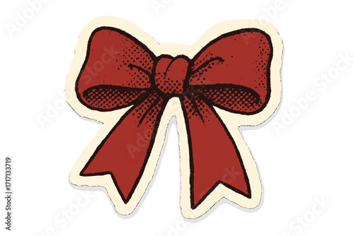 Red Christmas bow in retro halftone style. Vintage gift ribbon. Torn paper collage sticker. Cut out magazine clipping for scrapbooking. Festive present cartoon illustration.