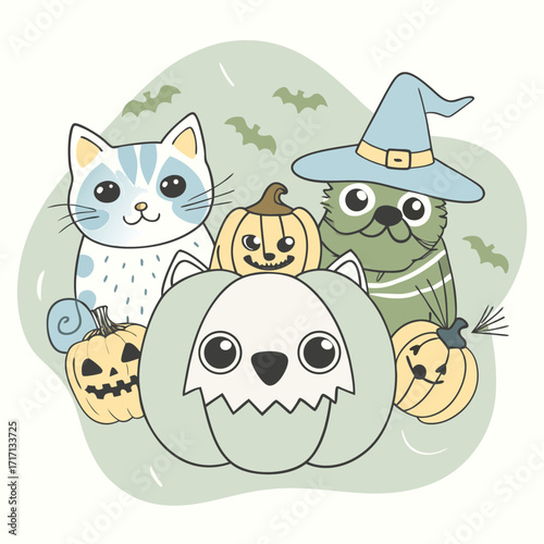 Cute halloween illustration featuring a friendly cat a witch dog and carved pumpkins with bats in the background