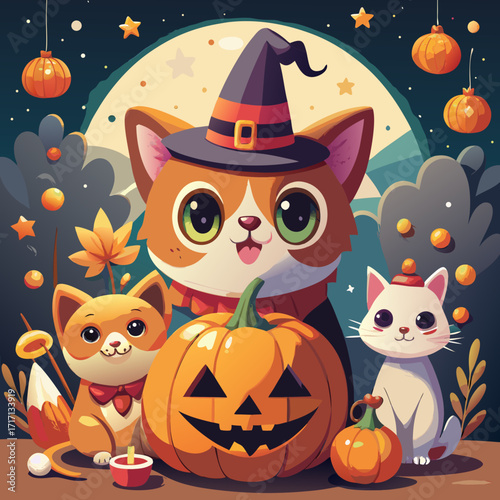 Cute cartoon cats wearing witch hats and celebrating halloween with carved pumpkins and festive decorations under a full moon