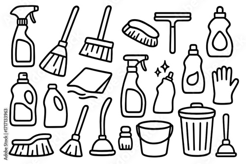 Hand drawn cleaning tools icon set. Vector collection of housekeeping symbols in doodle style. House cleaning service equipment, broom, spray bottle, bucket and detergent.