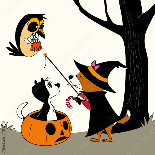 Cute cartoon owl gives candy to a dog in a pumpkin while another dog dressed as a witch holds a candy cane