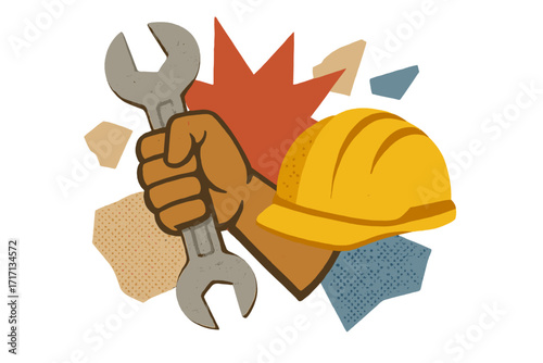 Happy Labor Day vector concept. Worker hand holding wrench with construction helmet. Industrial symbol for May Day celebration in retro paper collage and halftone style.
