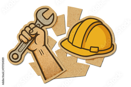 International Labor Day vector concept. Worker hand holding wrench and a construction helmet in paper craft collage style. Retro illustration for industry and repair service.