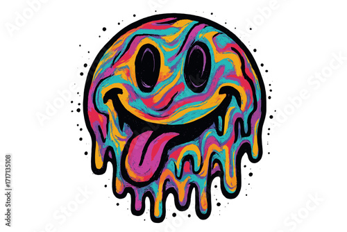 Trippy psychedelic smiling emoji in 90s urban graffiti style. Melting smiling face with tongue. Surreal techno acid melt smile emoticon. Dripping paint illustration.